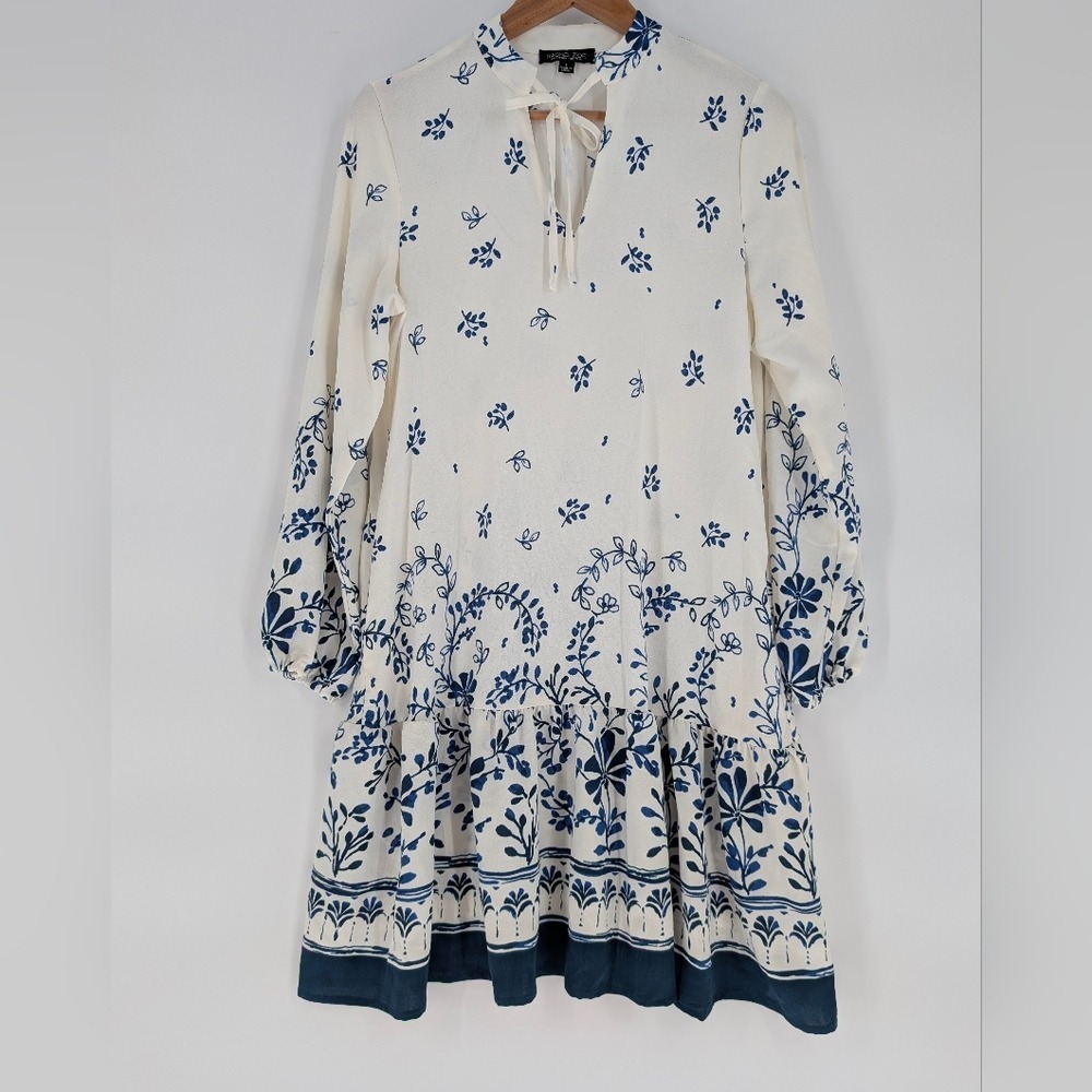 Rachel Zoe Blue White Floral Tie Neck Long Sleeve Tiered Mini Dress Small - Picture 4 of 11